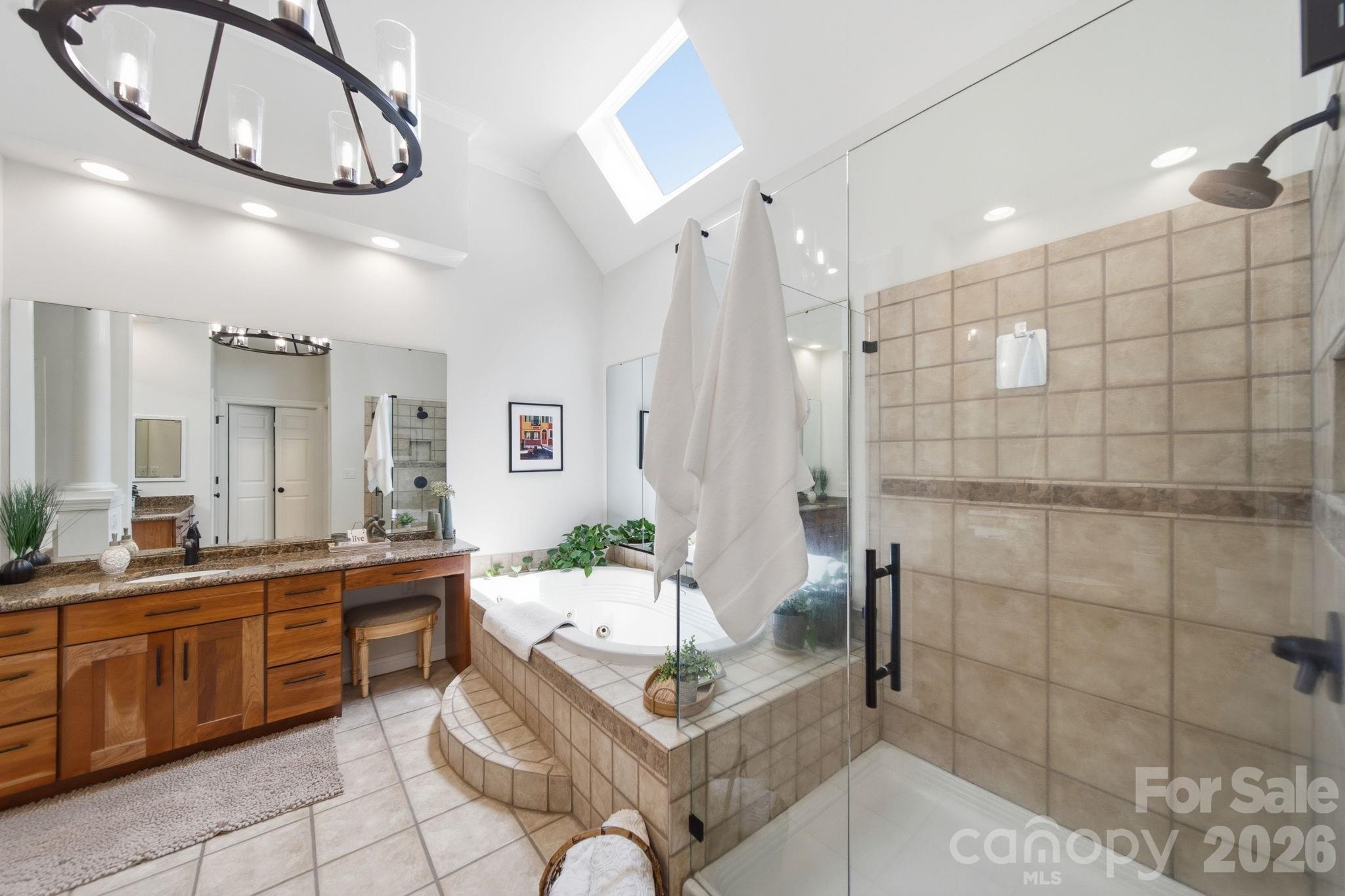 1802 Summit View Place Waxhaw, NC 28173 - Photo 22 of 47 a spacious bathroom with a granite countertop sink a mirror and a shower