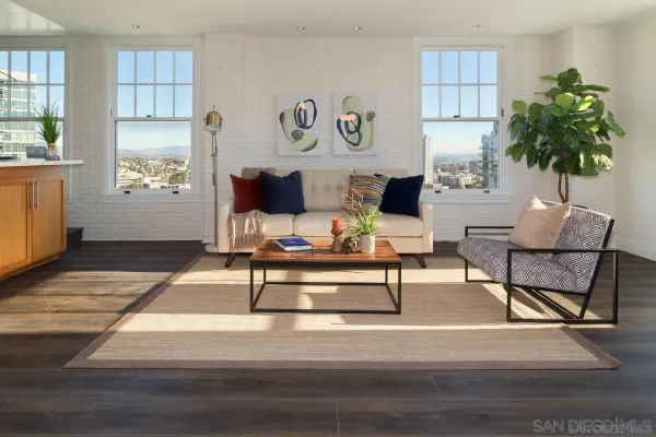 a living room with furniture and a potted plant