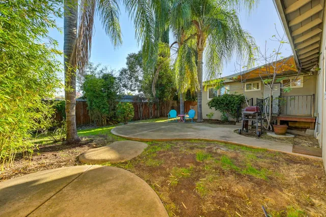a backyard of a house with table and chairs plants and palm tree