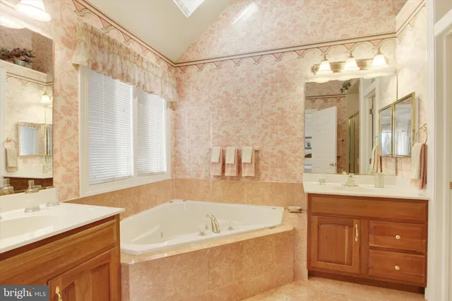 a bathroom with a tub a sink and a large mirror