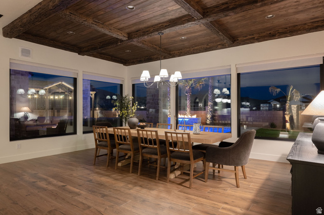 4871 South Homestead Way Washington, UT 84780 - Photo 99 of 151 Dining area with a chandelier, a wood ceiling with exposed beams, and wood finished floors