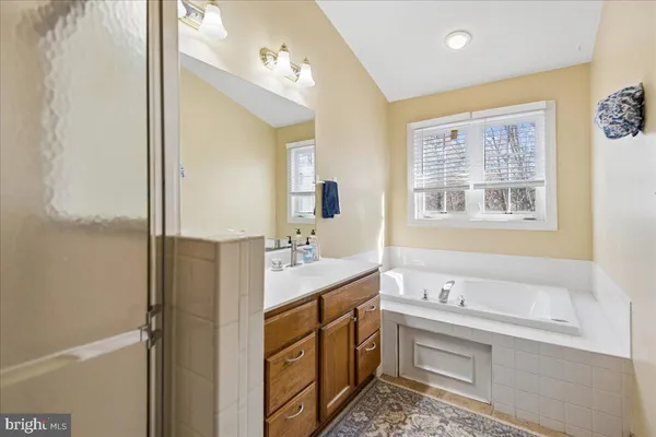 a bathroom with a tub sink and mirror