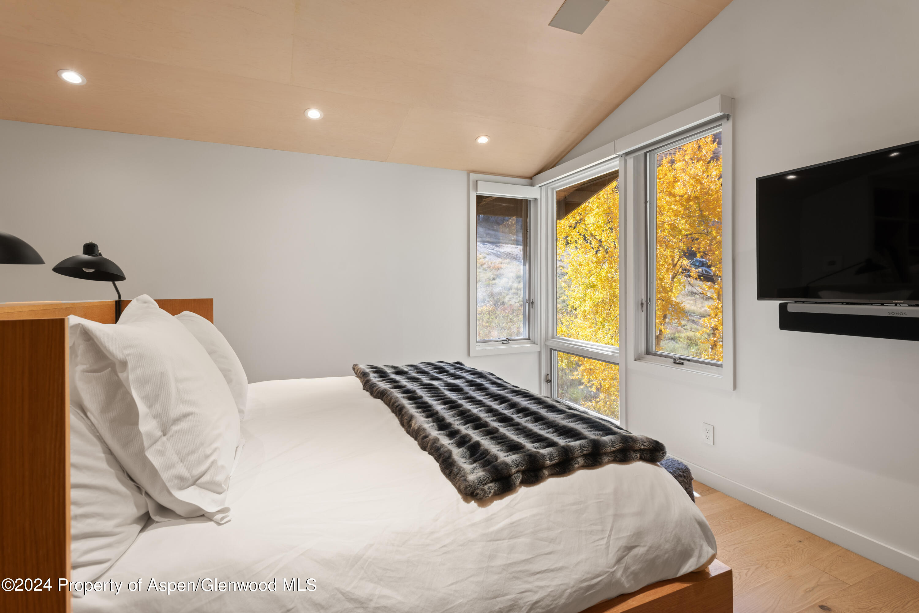 800 South Monarch Street, Unit 9 Aspen, CO 81611 - Photo 17 of 25 a bedroom with a bed and flat screen tv