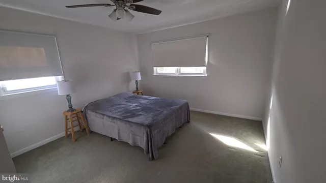 a bedroom with a bed and a ceiling fan