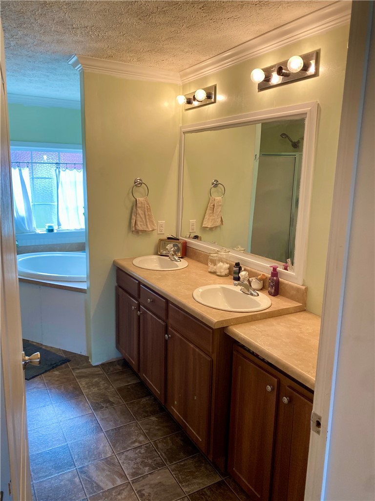 597 Sam Byrum Road Iva, SC 29655 - Photo 17 of 43 This primary bathroom features a double vanity and a soaking tub for ultimate comfort.