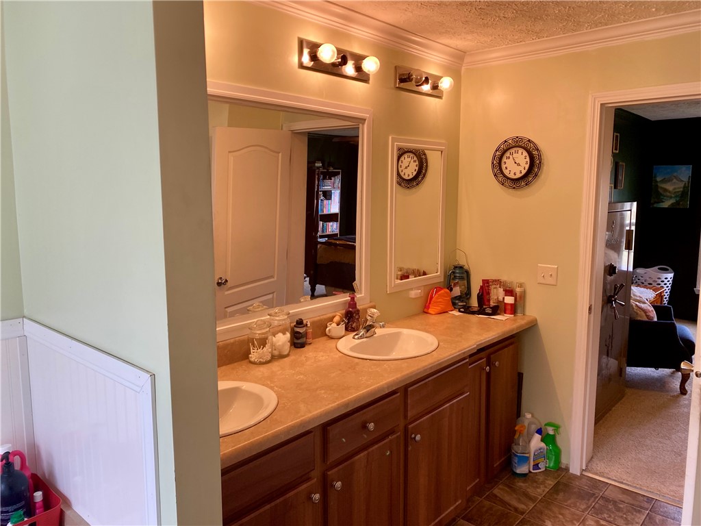 597 Sam Byrum Road Iva, SC 29655 - Photo 18 of 43 This bathroom features a double vanity and sleek countertops, providing ample space and convenience.