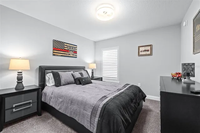 a bedroom with a bed and cabinets