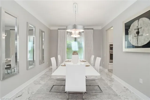 a view of a dining room with furniture window and outside view