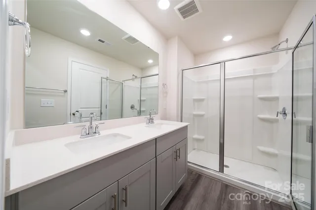 a bathroom with a shower sink vanity and mirror