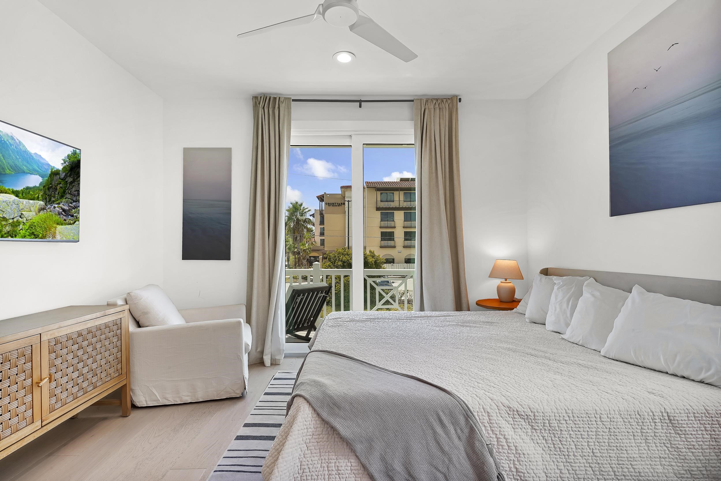 104 7th Street St. Augustine, FL 32080 - Photo 44 of 59 Bedroom with access to outside, wood finished floors, a ceiling fan, and recessed lighting