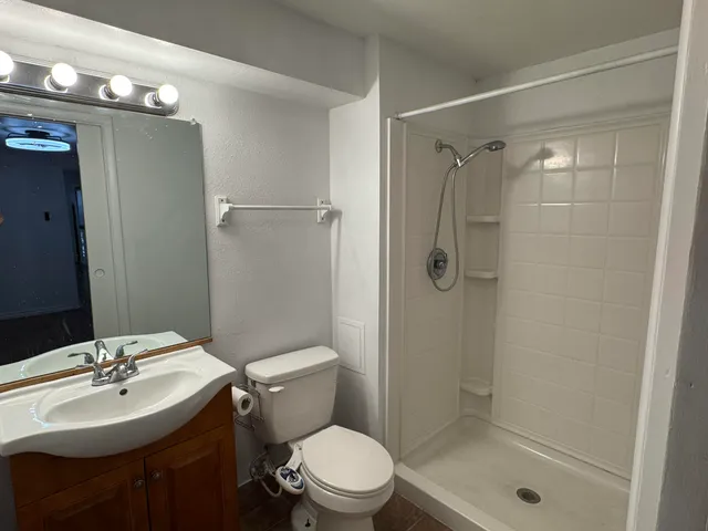 a bathroom with a sink a toilet and shower