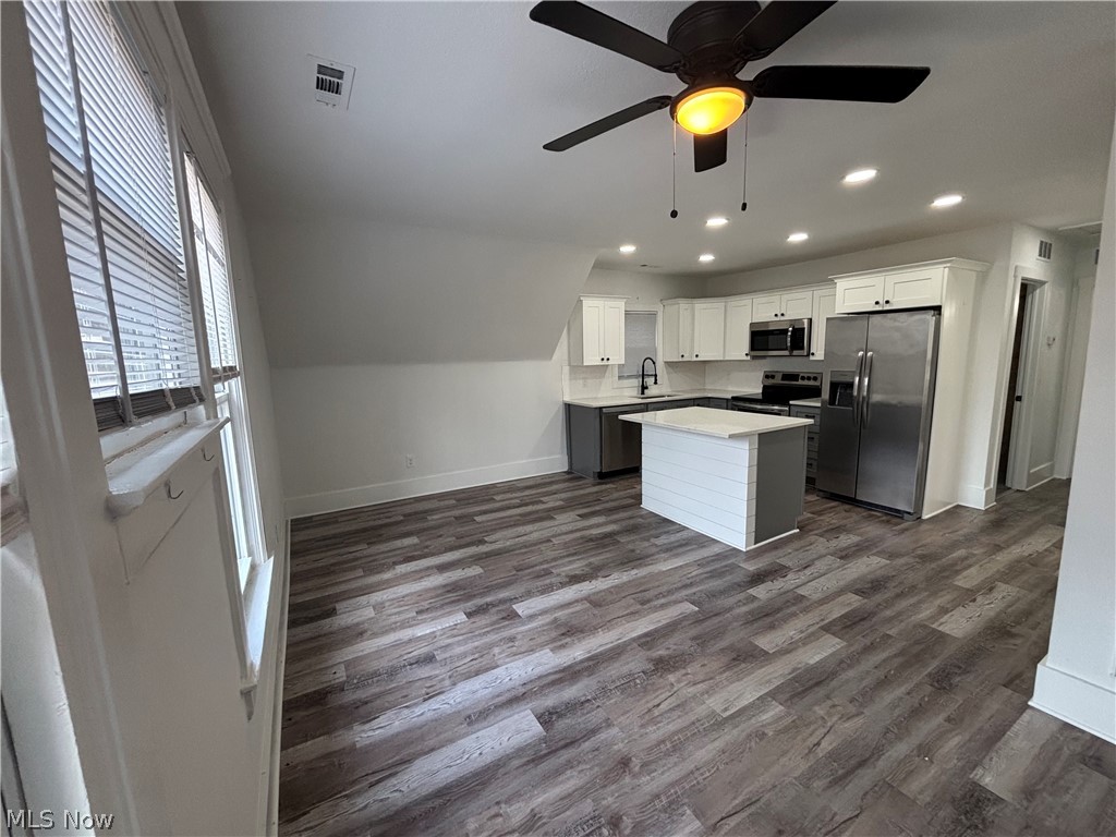 4115 Whitman Avenue, Unit UP Cleveland, OH 44113 - Photo 3 of 12 Kitchen featuring white cabinets, ceiling fan, stainless steel appliances, light countertops, and a kitchen island