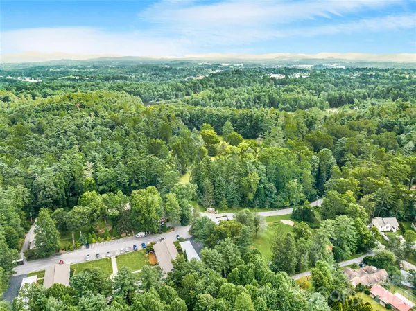 an aerial view of residential houses with outdoor space and trees