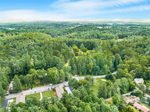 an aerial view of residential houses with outdoor space and trees