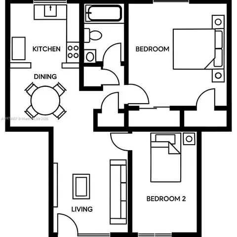 a picture of a park with furniture and a wall painting