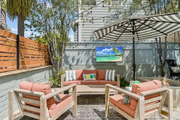 a outdoor living space with patio furniture and garden view