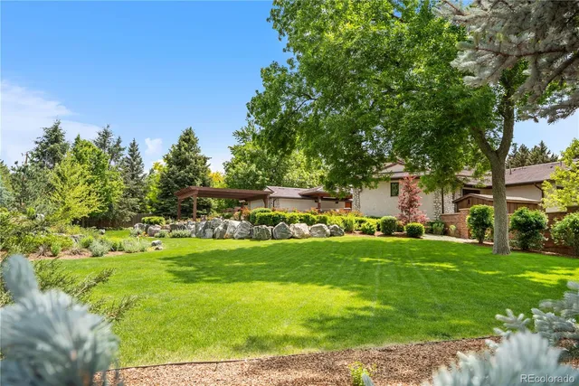 a view of a big yard with plants and large trees