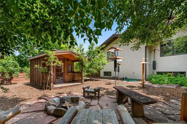 an outdoor space with seating area