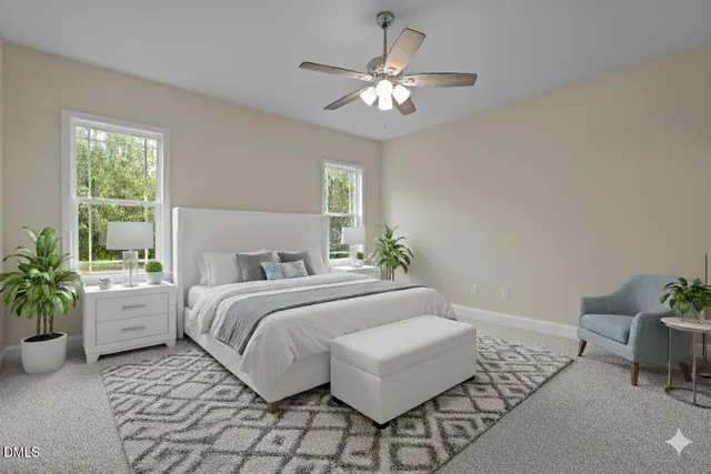 a view of an empty room with a chandelier fan