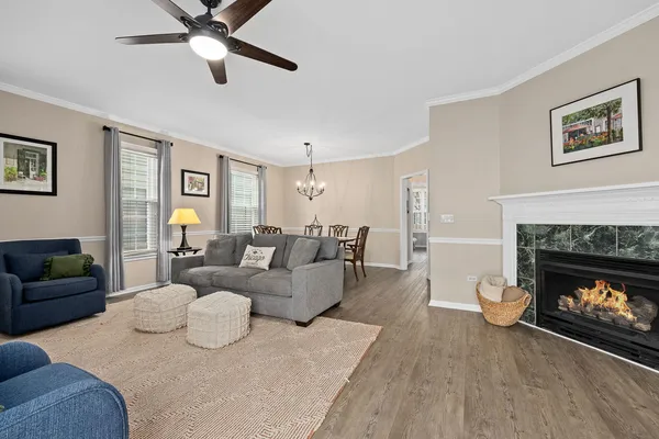 a living room with furniture and a fireplace
