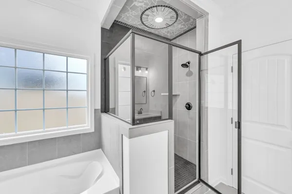 a bathroom with a bathtub and a shower