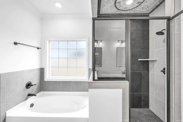 a bathroom with a bathtub and a shower