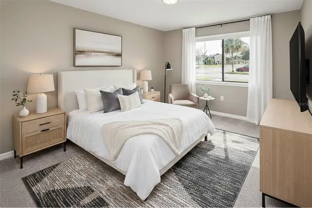 a bedroom with a bed and a flat screen tv