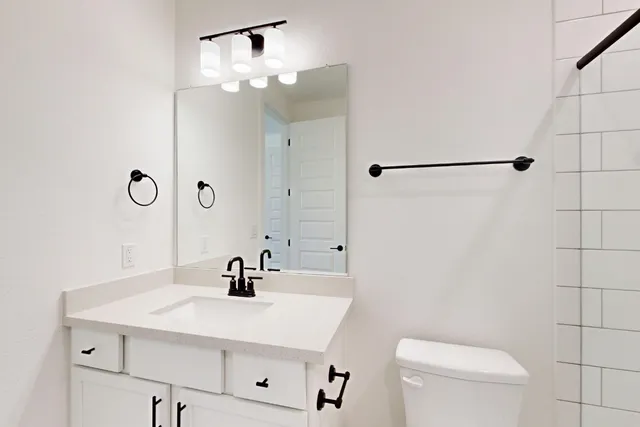 a bathroom with a sink a toilet and shower