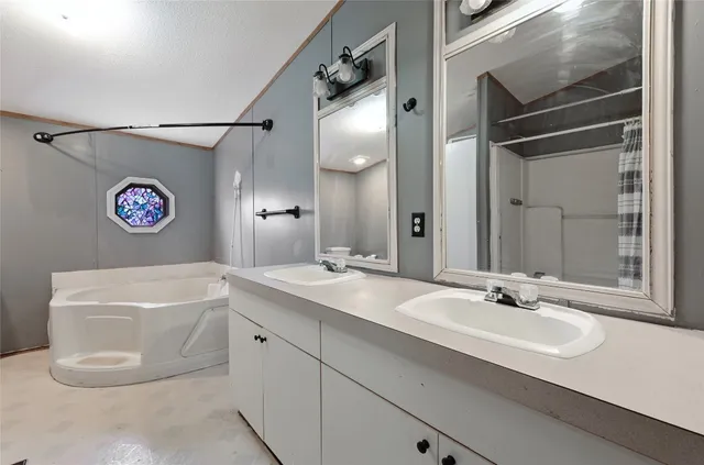 a bathroom with a sink a mirror and a shower