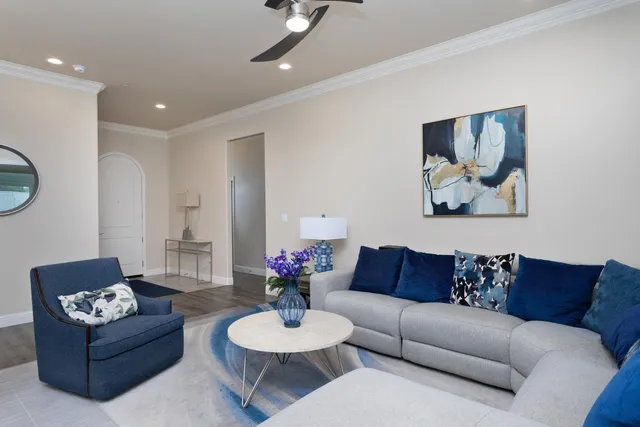 a living room with furniture and a potted plant