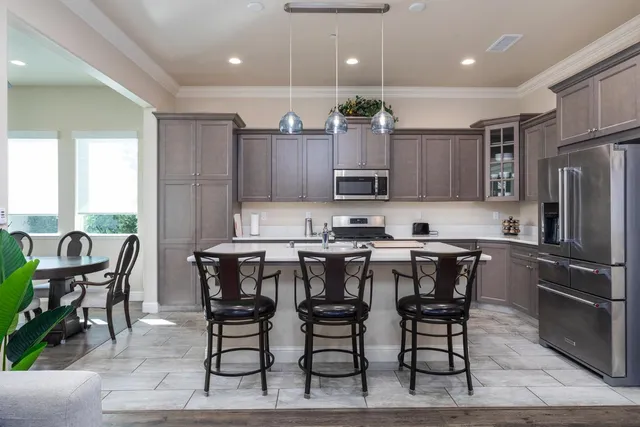 a view of a dining room with furniture