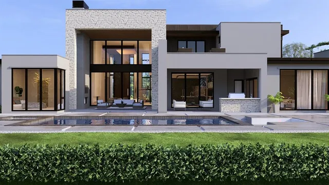 a view of a house with potted plants and a yard