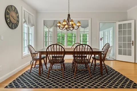 a view of a dining room with furniture window and outside view