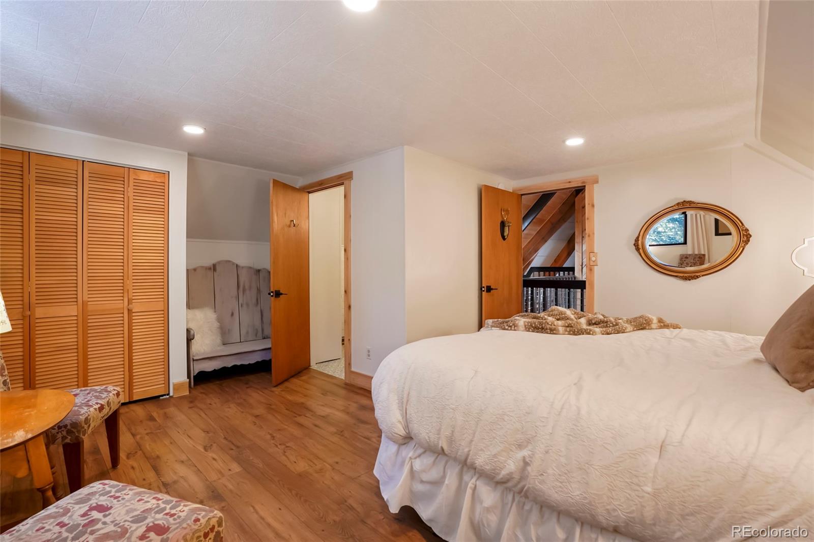 3237 Mill Creek Road Dumont, CO 80436 - Photo 28 of 48 a bedroom with a bed and a large mirror