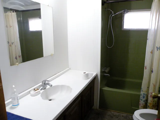 a bathroom with a sink vanity mirror and toilet