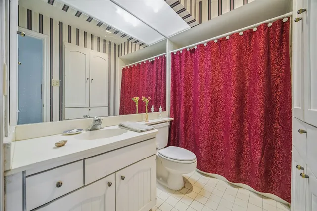 a bathroom with a sink a toilet and shower curtain