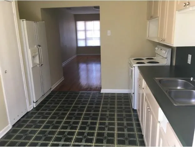 a kitchen with a sink a stove and a refrigerator