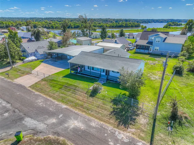 a view of a city with lawn chairs