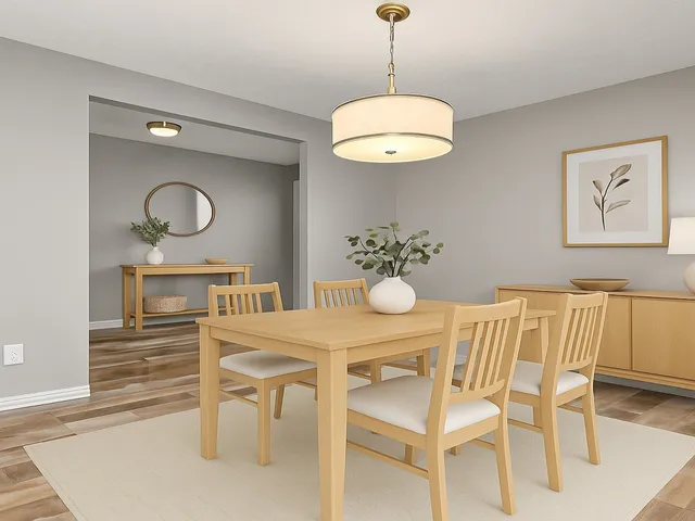 a view of a dining room with furniture