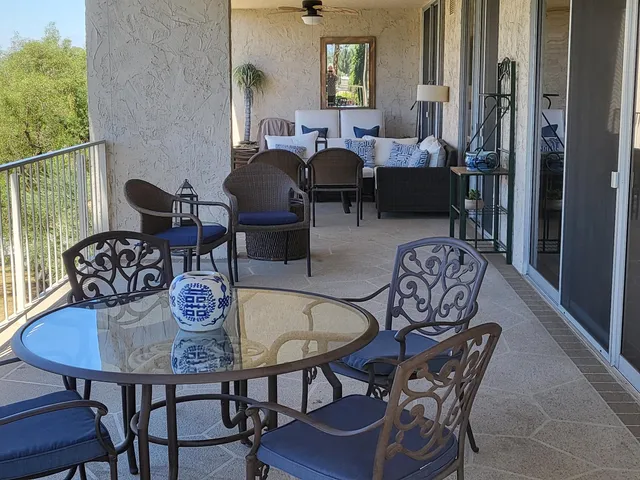 a view of a dining room with furniture