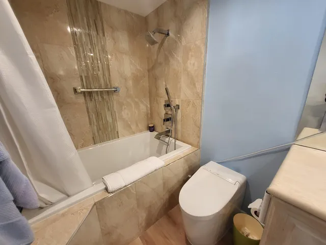 a white toilet sitting next to a bath tub