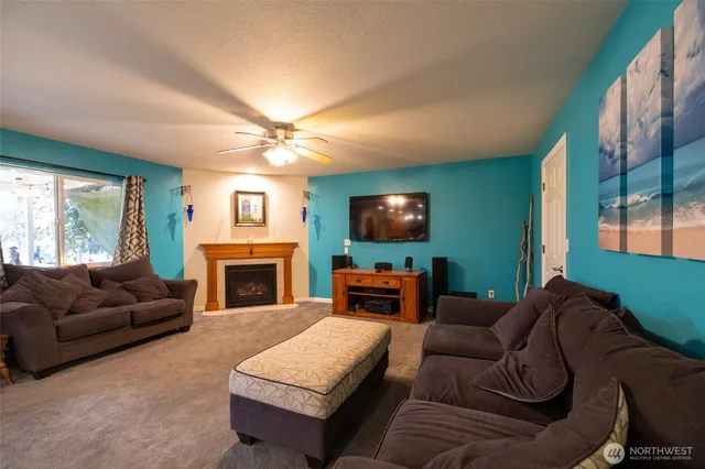 a living room with furniture a fireplace and a flat screen tv