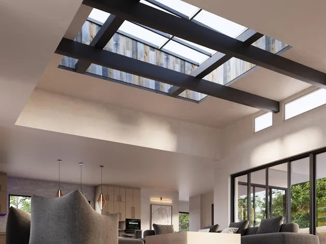 a view of a living room with a large window