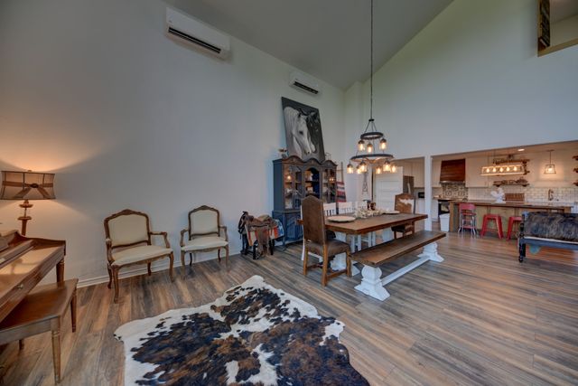 a living room with furniture a ceiling fan and a rug