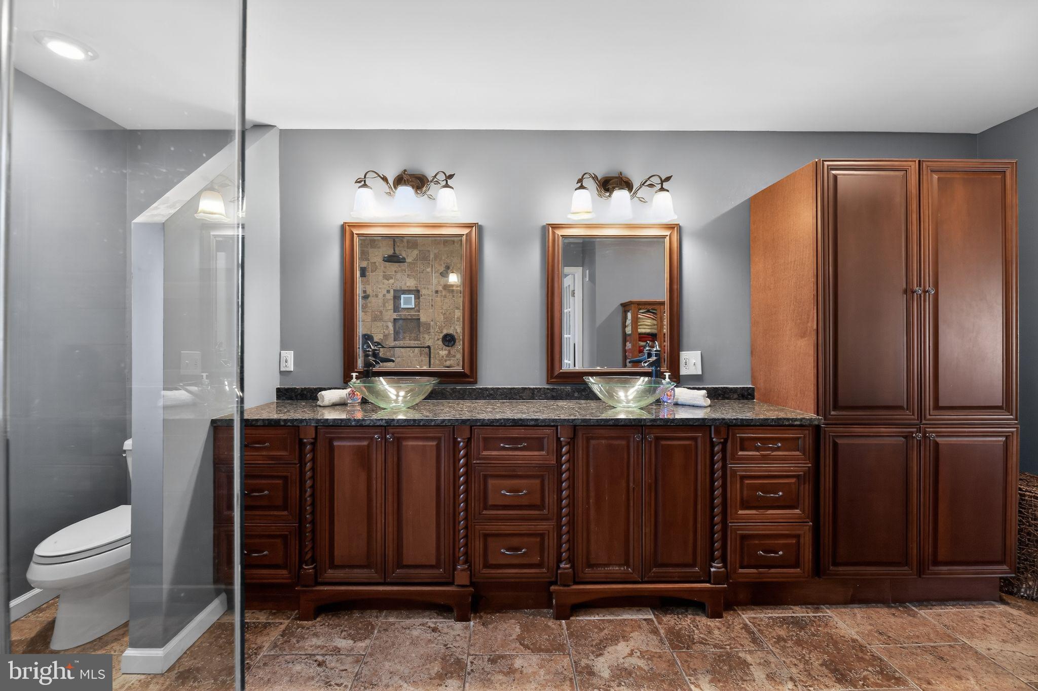 42 Callison Lane Voorhees, NJ 08043 - Photo 24 of 55 a bathroom with a granite countertop sink a toilet and a mirror