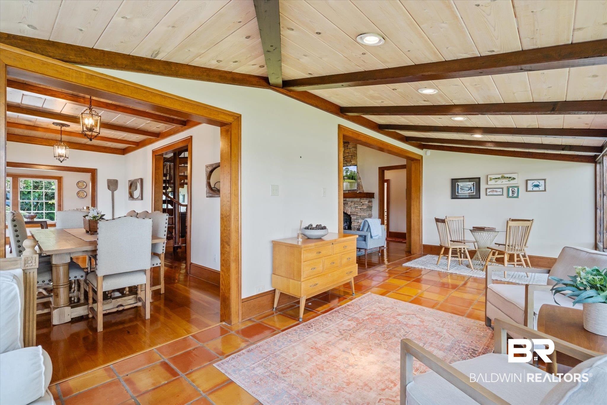 2228 Riverside Drive Mobile, AL 36605 - Photo 15 of 51 Tiled living room featuring wood ceiling and lofted ceiling with beams