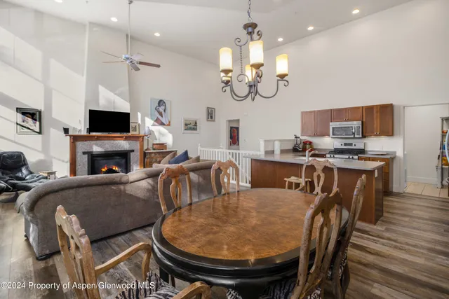 a view of a dining room with furniture