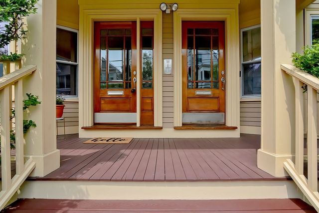 a view of workspace with wooden floor outdoor space and windows