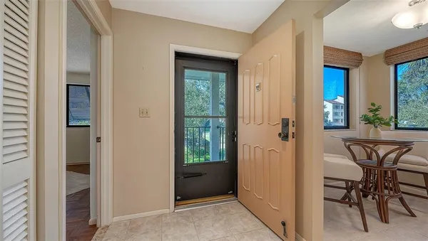 a view of a room that has a bench in it