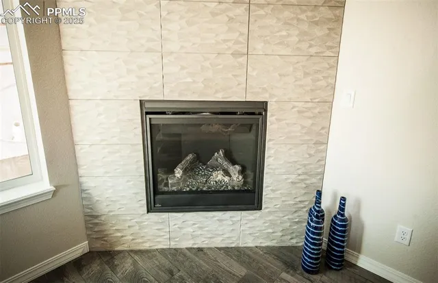 a close view of a fireplace in room